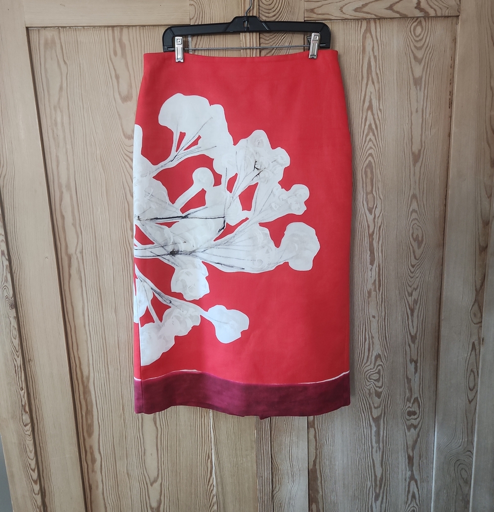 Zara Red Midi Skirt with White Floral Motif